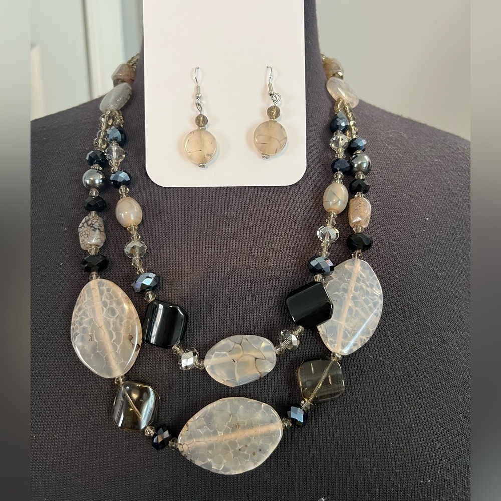 Beautiful double strand heavy glass beads necklace and earrings set
